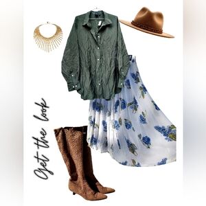 Romantic Blue Floral A-Line Full Midi Skirt